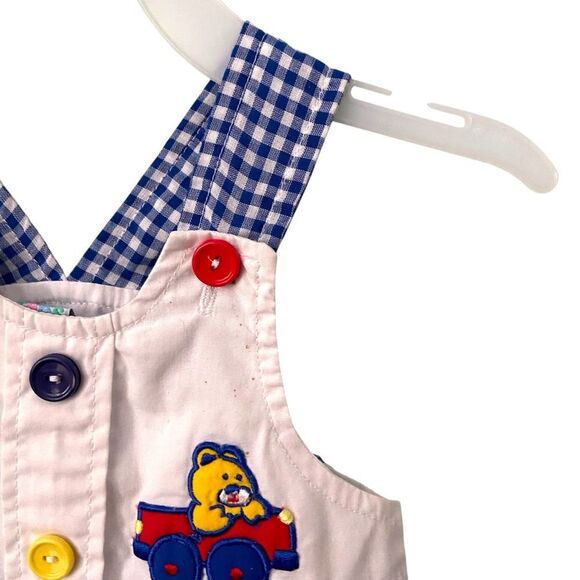 Vintage Small Steps Blue & White Checkered Kids Overalls with Bear Size 6/9 Mos - Picture 6 of 8